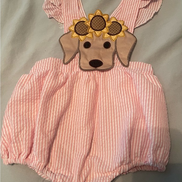 honey bean Other - Pink Striped Kids One Piece with Sunflower Dog Design